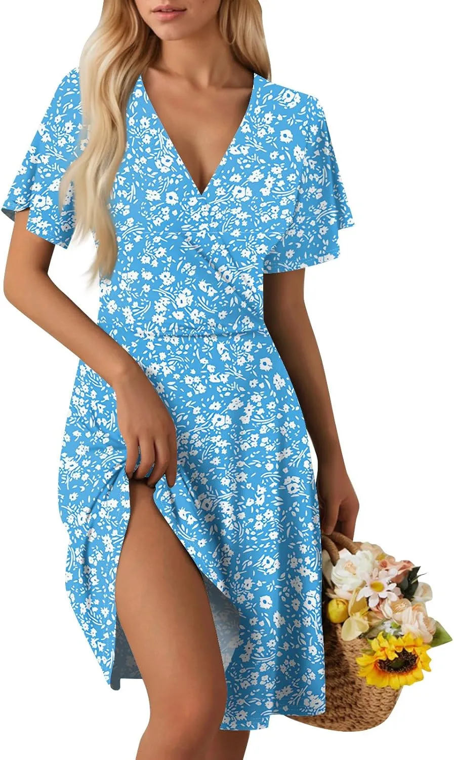 Summer Dresses for Women 2025 Midi Floral Print Classy Deep V Neck Fashion Short Sleeve Knee Length Dress