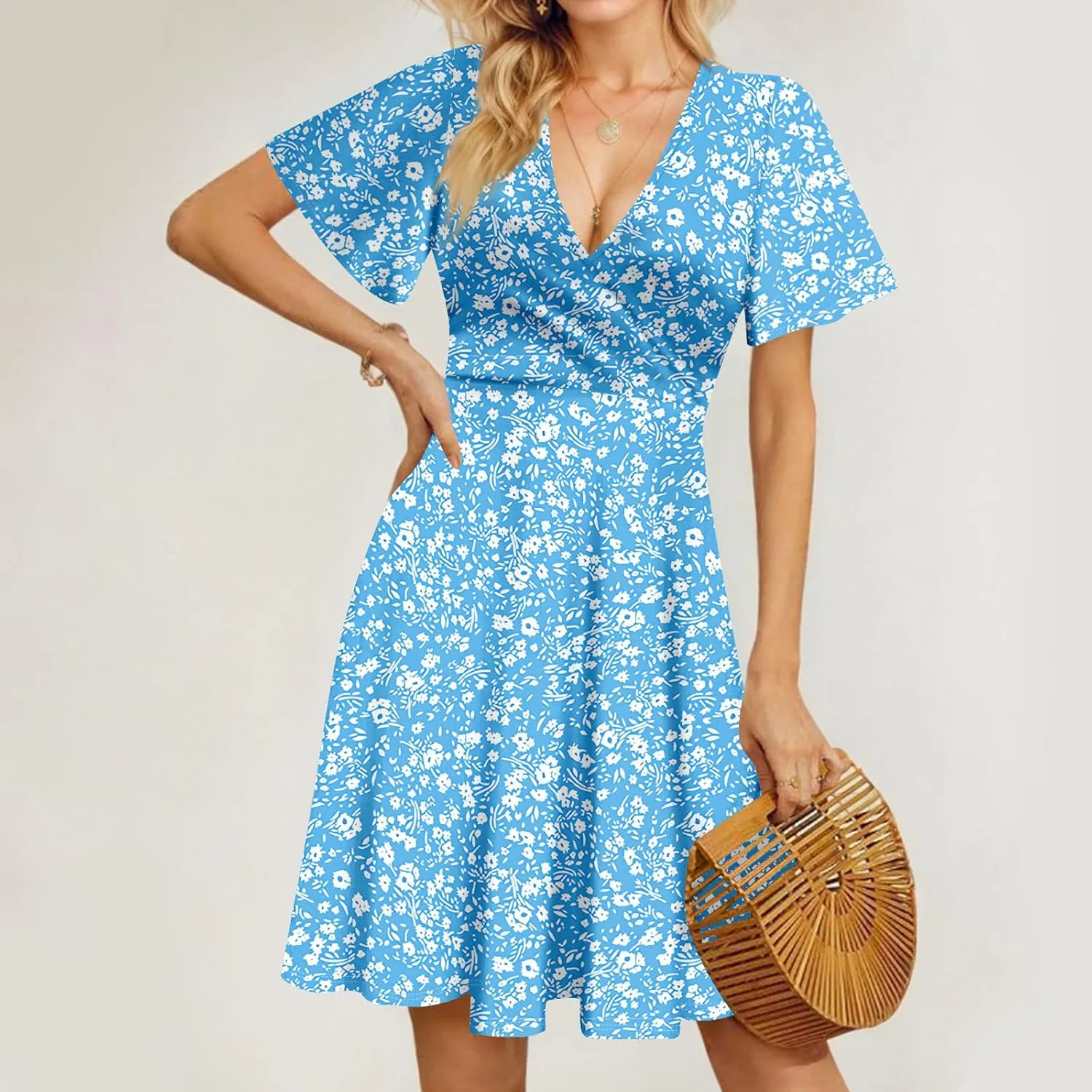 Summer Dresses for Women 2025 Midi Floral Print Classy Deep V Neck Fashion Short Sleeve Knee Length Dress