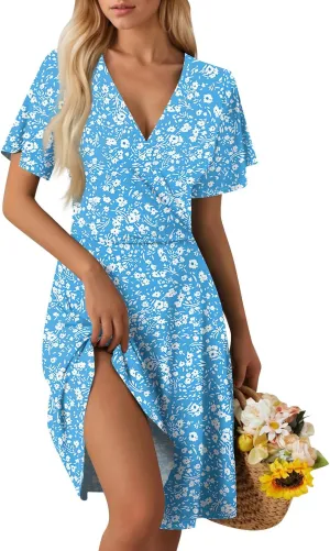 Summer Dresses for Women 2025 Midi Floral Print Classy Deep V Neck Fashion Short Sleeve Knee Length Dress
