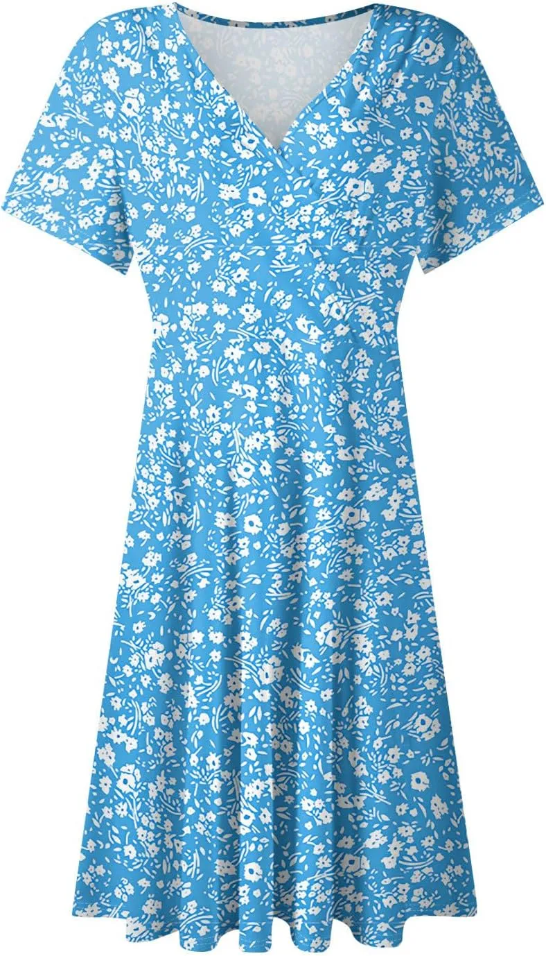 Summer Dresses for Women 2025 Midi Floral Print Classy Deep V Neck Fashion Short Sleeve Knee Length Dress