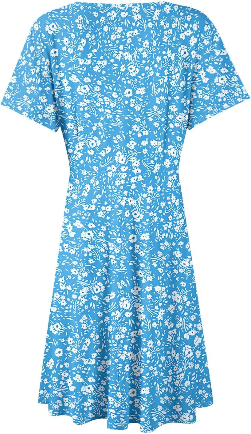 Summer Dresses for Women 2025 Midi Floral Print Classy Deep V Neck Fashion Short Sleeve Knee Length Dress