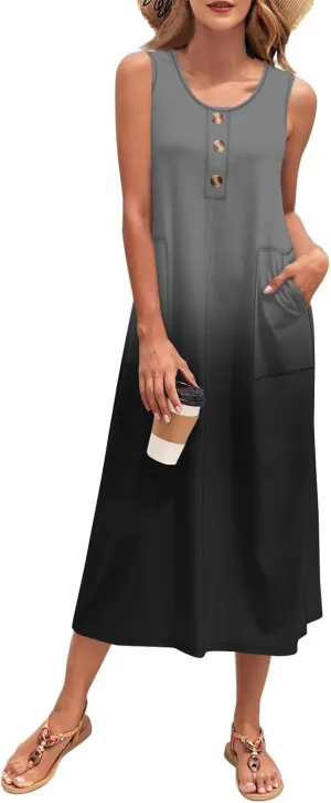 Summer Dresses for Women 2025 Sleeveless Button Down Maxi Dress Casual Loose Long Beach Sundress Travel Vacation Outfits