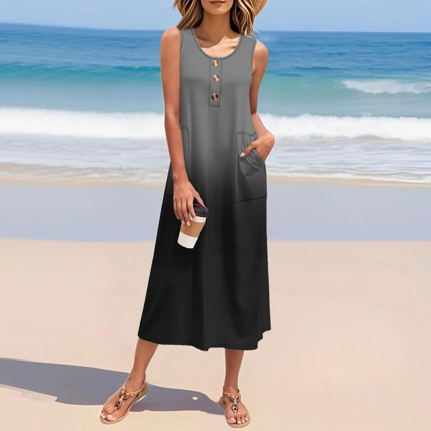 Summer Dresses for Women 2025 Sleeveless Button Down Maxi Dress Casual Loose Long Beach Sundress Travel Vacation Outfits
