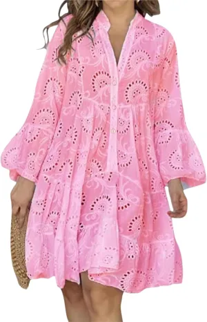 White Floral Dress for Women Hollow Out Lace Boho Solid V Neck Long Sleeve Button Down Midi Dress