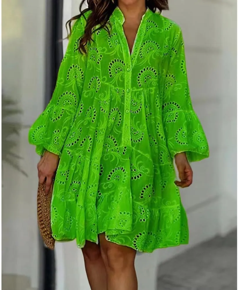 White Floral Dress for Women Hollow Out Lace Boho Solid V Neck Long Sleeve Button Down Midi Dress