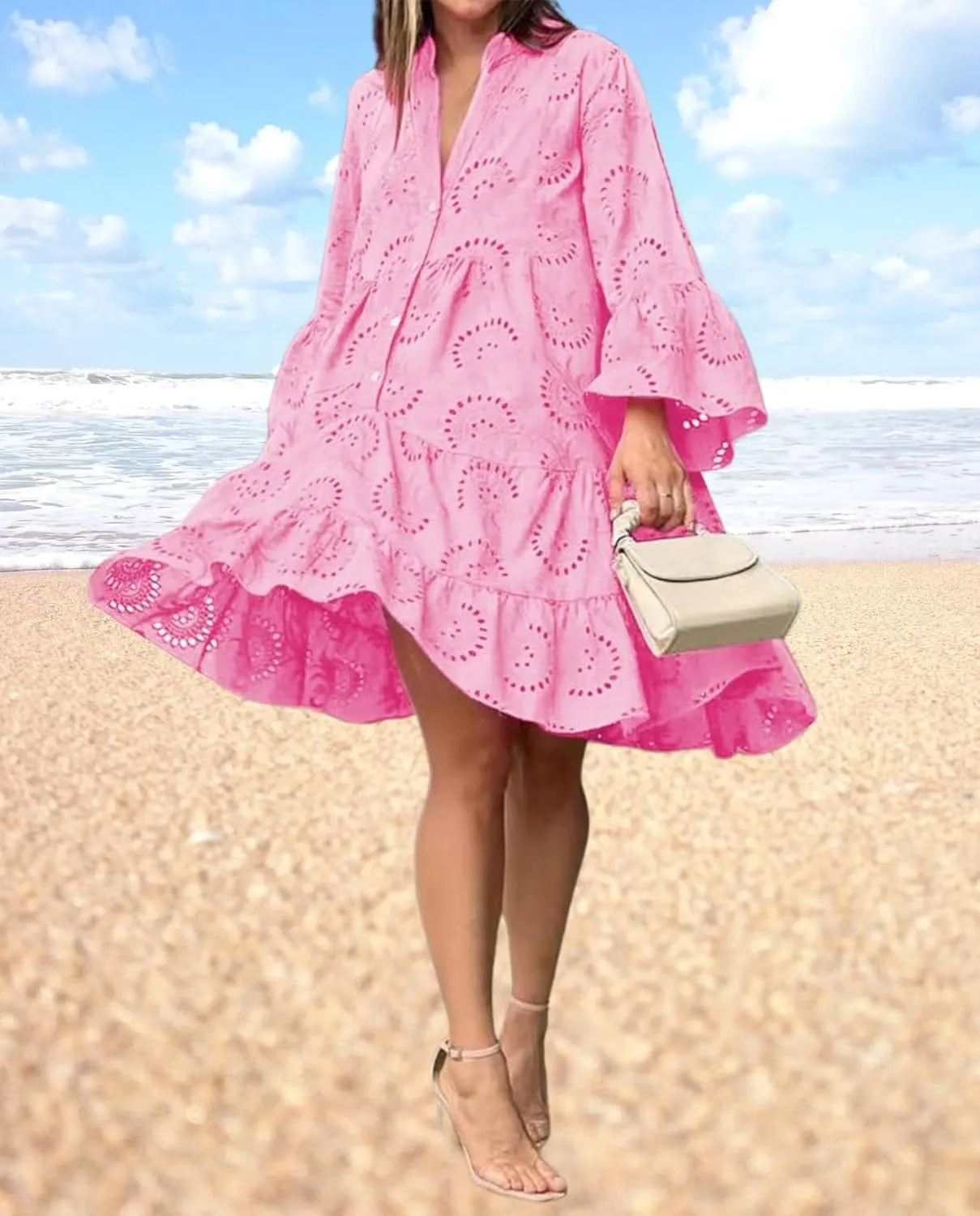 White Floral Dress for Women Hollow Out Lace Boho Solid V Neck Long Sleeve Button Down Midi Dress