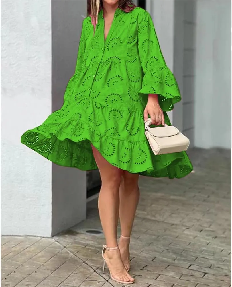 White Floral Dress for Women Hollow Out Lace Boho Solid V Neck Long Sleeve Button Down Midi Dress