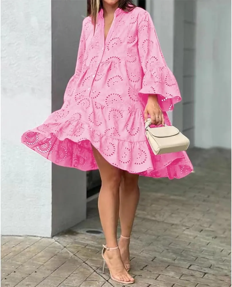 White Floral Dress for Women Hollow Out Lace Boho Solid V Neck Long Sleeve Button Down Midi Dress