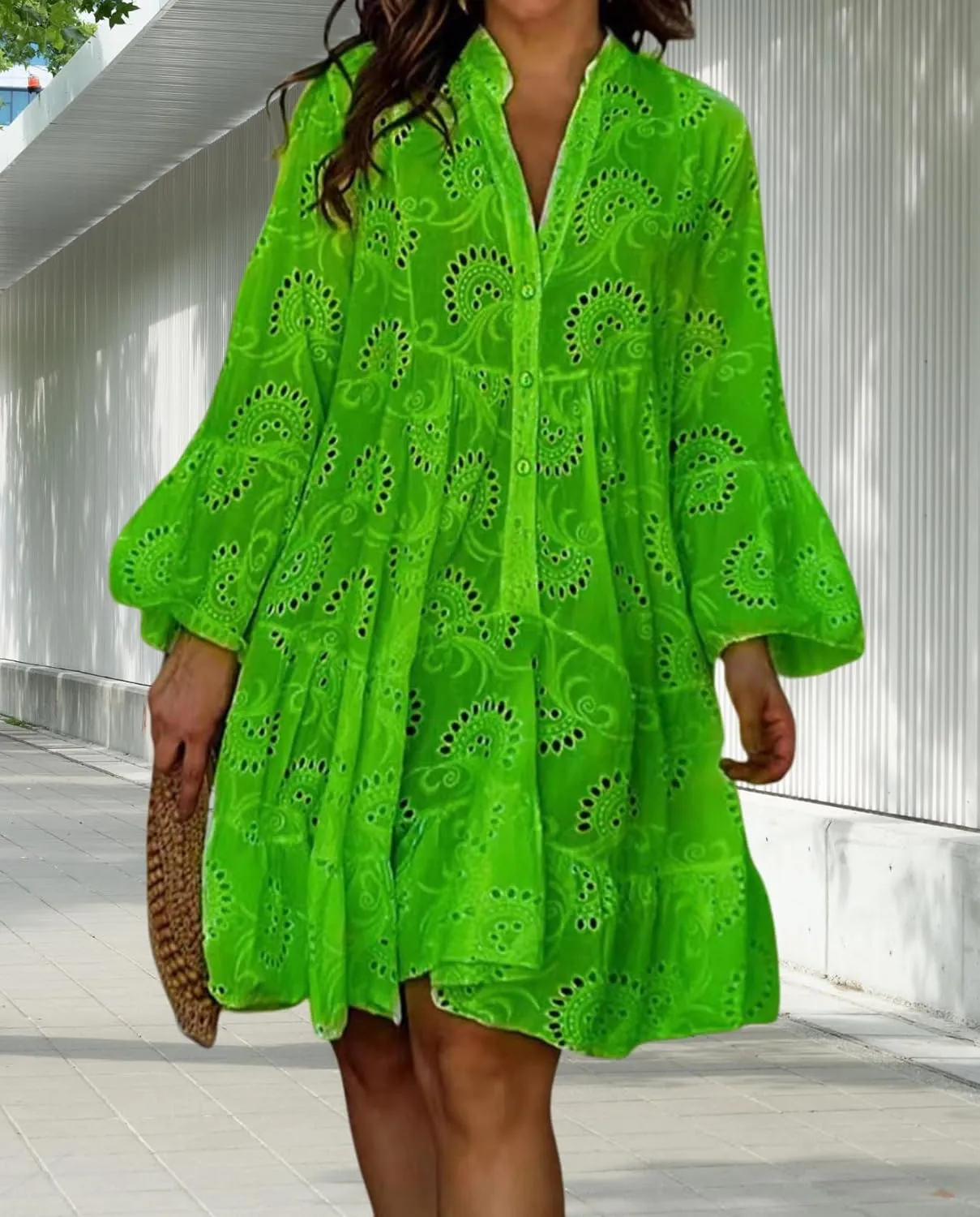 White Floral Dress for Women Hollow Out Lace Boho Solid V Neck Long Sleeve Button Down Midi Dress
