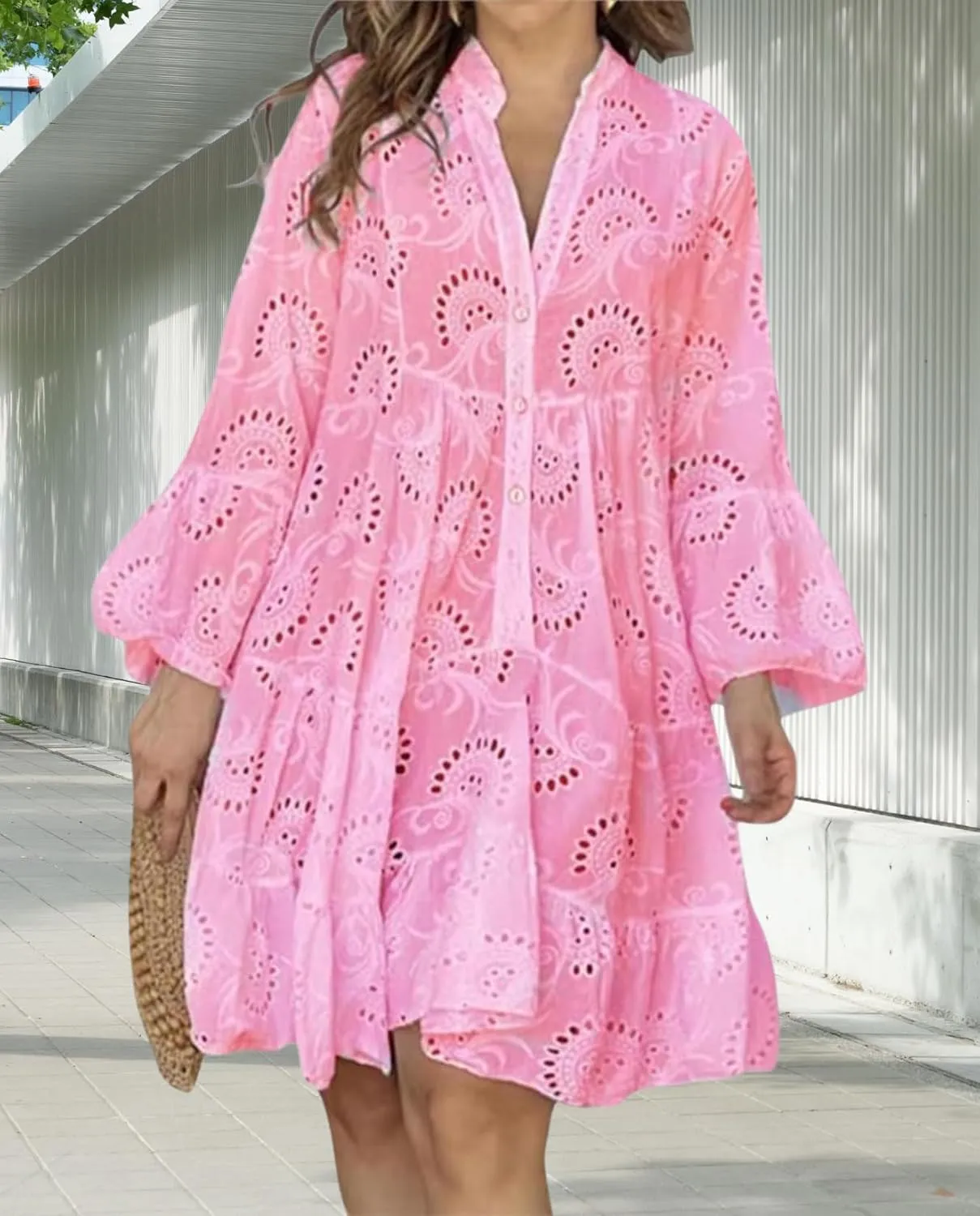 White Floral Dress for Women Hollow Out Lace Boho Solid V Neck Long Sleeve Button Down Midi Dress