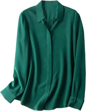 Women Silk Dress Shirts Real Silk Solid Long Sleeved Button Chic Blouses Spring Office Lady Top