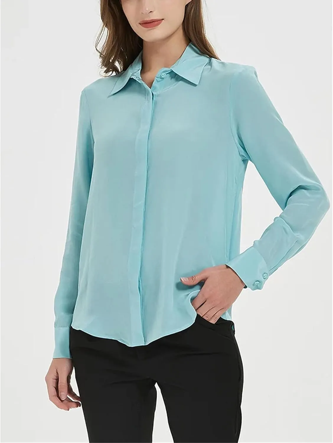 Women Silk Dress Shirts Real Silk Solid Long Sleeved Button Chic Blouses Spring Office Lady Top