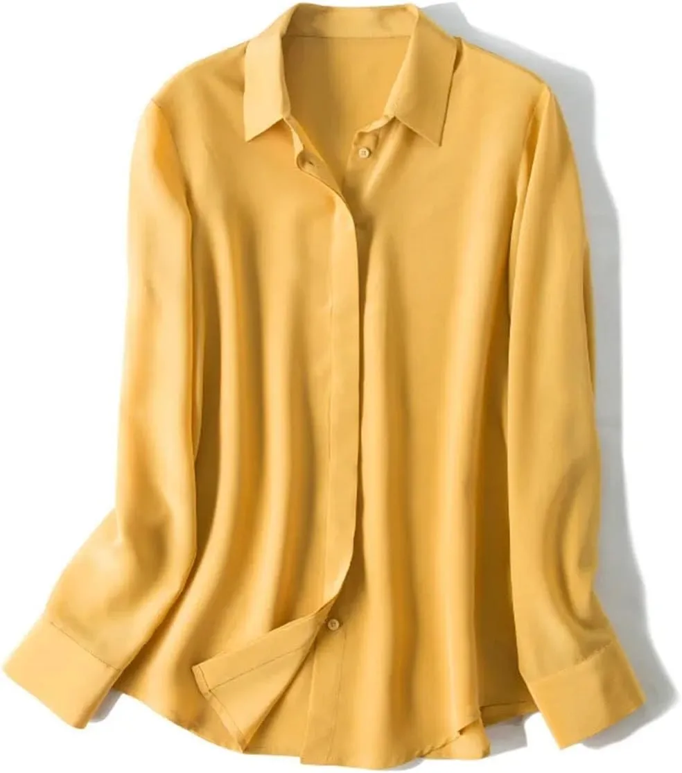 Women Silk Dress Shirts Real Silk Solid Long Sleeved Button Chic Blouses Spring Office Lady Top