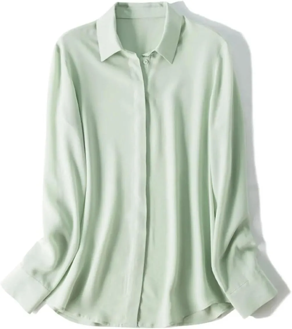 Women Silk Dress Shirts Real Silk Solid Long Sleeved Button Chic Blouses Spring Office Lady Top