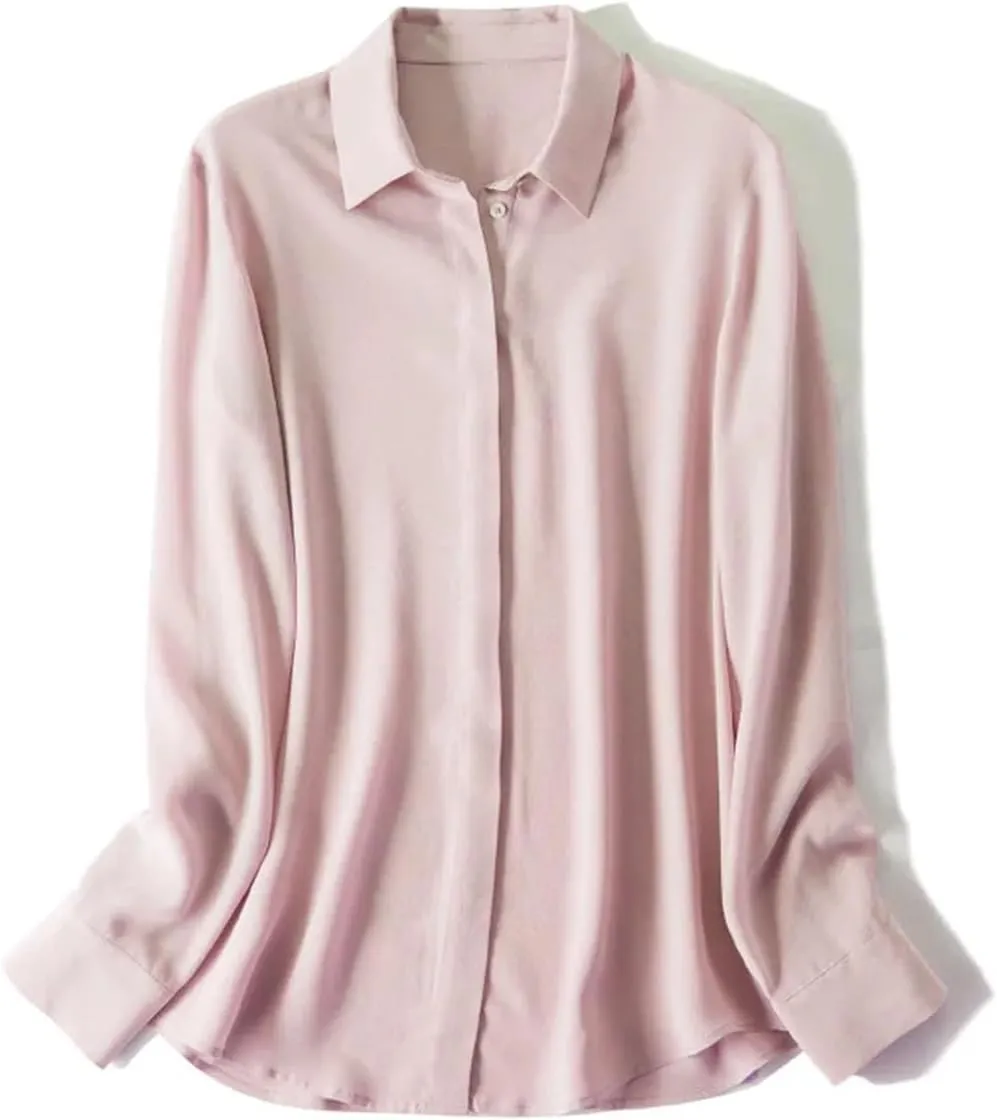 Women Silk Dress Shirts Real Silk Solid Long Sleeved Button Chic Blouses Spring Office Lady Top