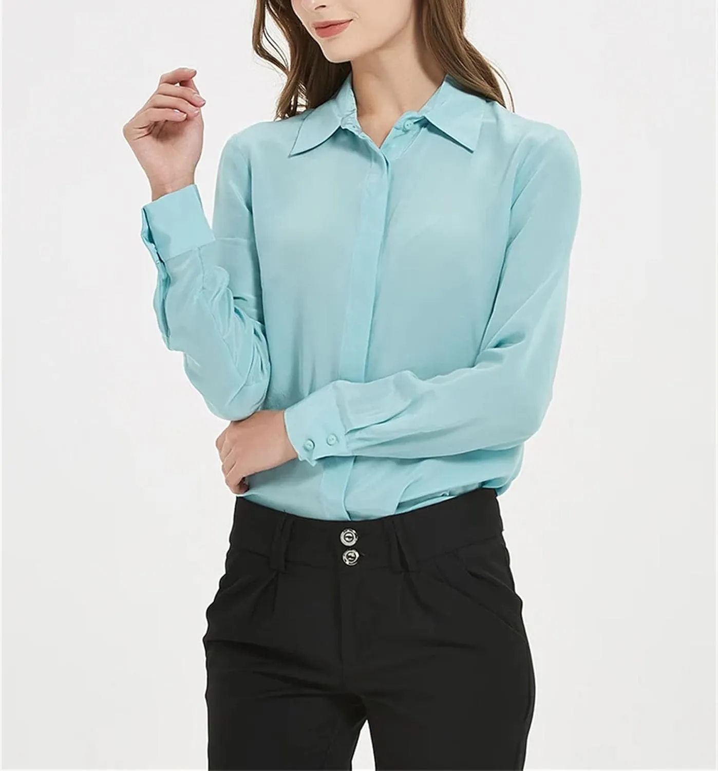 Women Silk Dress Shirts Real Silk Solid Long Sleeved Button Chic Blouses Spring Office Lady Top