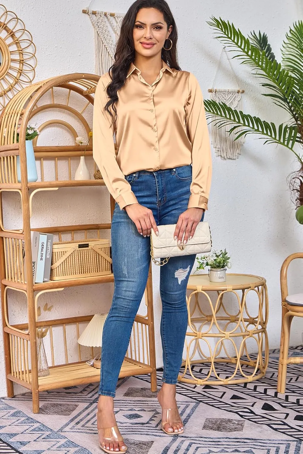 Women Silky Long Sleeve Button Down Shirts Formal Work Dress Shirt Satin Blouses Tops
