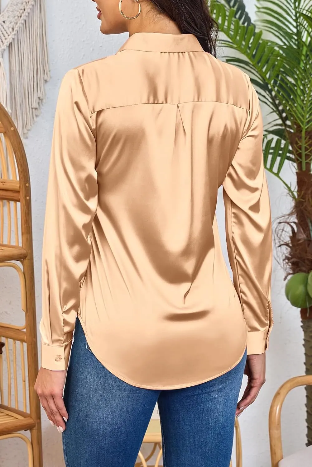 Women Silky Long Sleeve Button Down Shirts Formal Work Dress Shirt Satin Blouses Tops