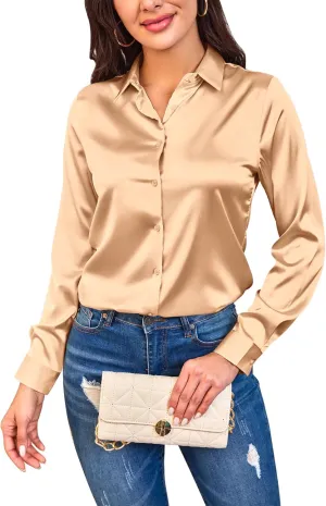 Women Silky Long Sleeve Button Down Shirts Formal Work Dress Shirt Satin Blouses Tops