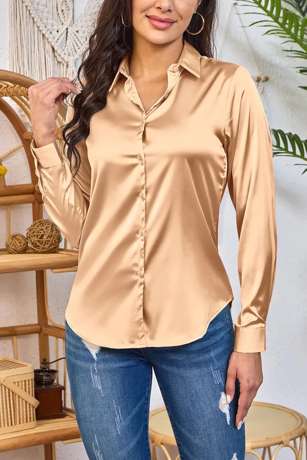 Women Silky Long Sleeve Button Down Shirts Formal Work Dress Shirt Satin Blouses Tops
