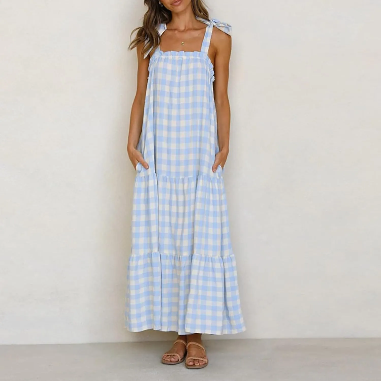 Women Tie Shoulder Graphic Boho Maxi Dress Sleeveless Flowy Tiered A Line Maxi Dress Summer Vocation Graffiti Sundress