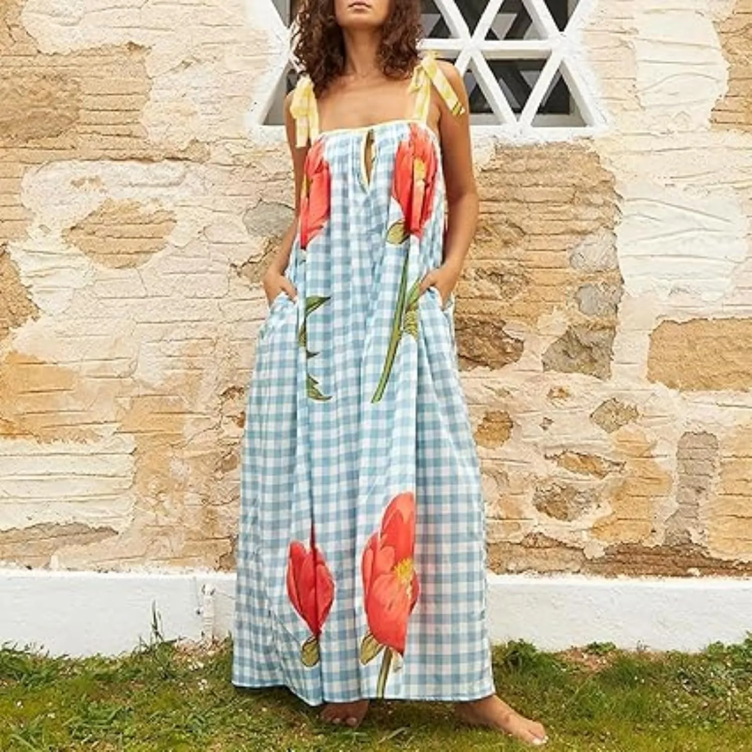 Women Tie Shoulder Graphic Boho Maxi Dress Sleeveless Flowy Tiered A Line Maxi Dress Summer Vocation Graffiti Sundress