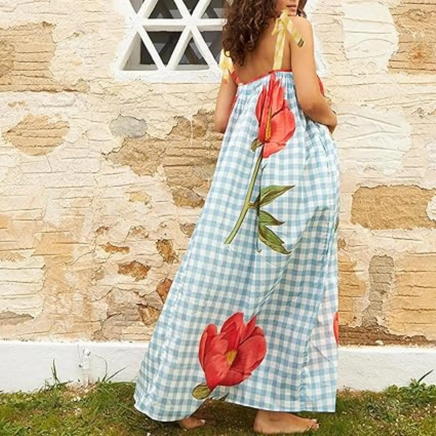 Women Tie Shoulder Graphic Boho Maxi Dress Sleeveless Flowy Tiered A Line Maxi Dress Summer Vocation Graffiti Sundress