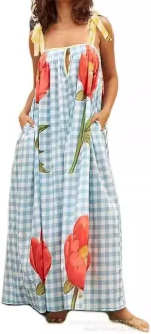 Women Tie Shoulder Graphic Boho Maxi Dress Sleeveless Flowy Tiered A Line Maxi Dress Summer Vocation Graffiti Sundress
