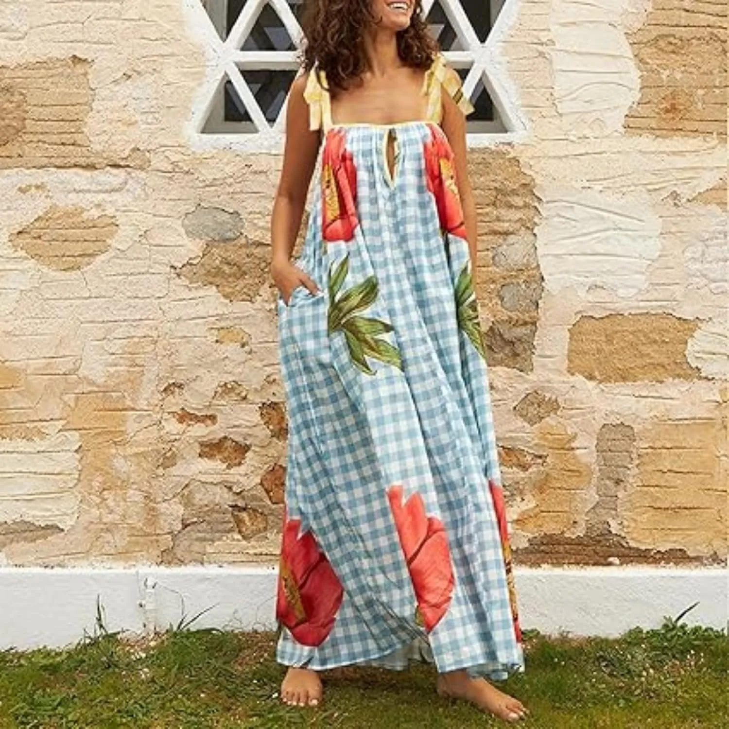 Women Tie Shoulder Graphic Boho Maxi Dress Sleeveless Flowy Tiered A Line Maxi Dress Summer Vocation Graffiti Sundress