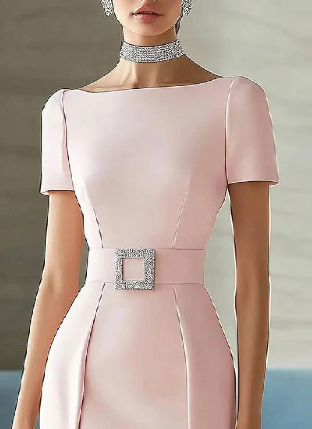 Women's 2025 Summer Boat Neck Short Sleeve Midi Dresses Pink Waist Cinching Slim Fit Celebration Bodycon Dress with Belt