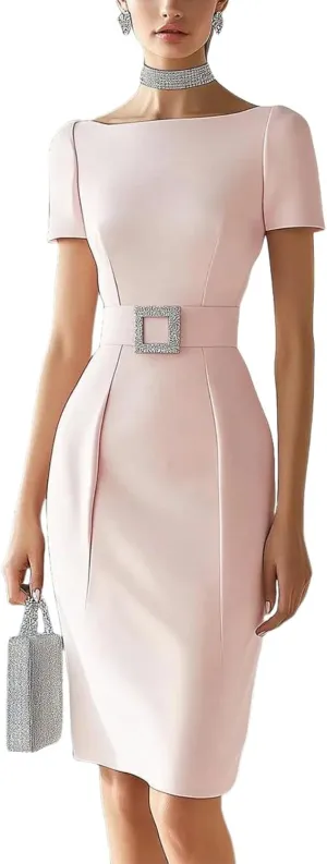 Women's 2025 Summer Boat Neck Short Sleeve Midi Dresses Pink Waist Cinching Slim Fit Celebration Bodycon Dress with Belt