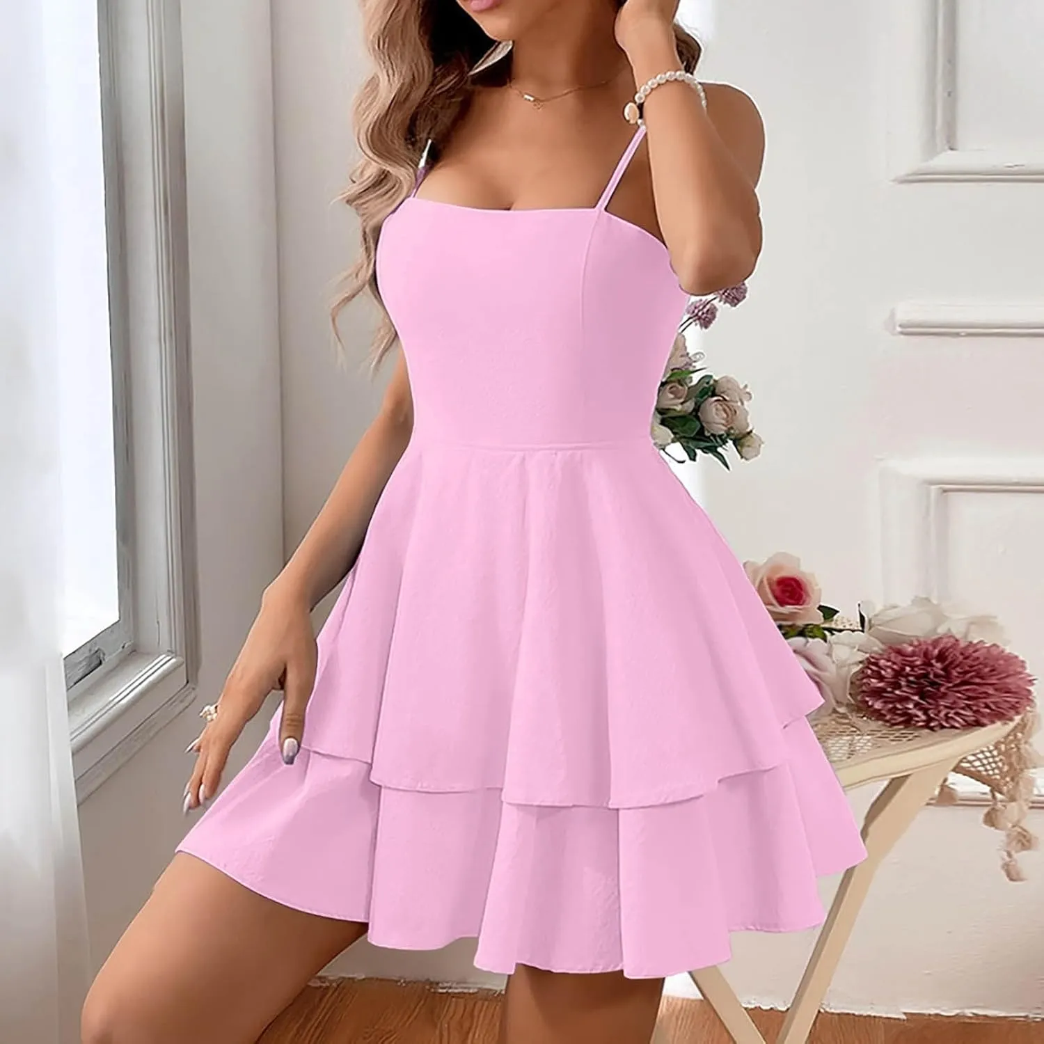 Womens 2025 Summer Casual Spaghetti Strap Mini Dress Bow Tie Back Cut Out Tiered A-Line Boho Sundress
