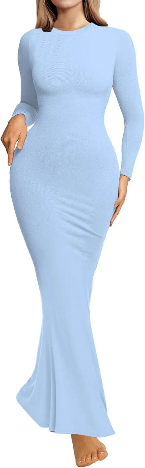 Womens Bodycon Maxi Dresses Sexy Crew Neck Dresses Long Sleeve Ribbed Black Dress Elegant Lounge Fall Long Dresses
