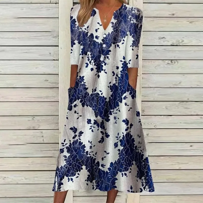 Womens Boho Floral Printed A Line Summer Dresses V Neck Half Sleeve Button Up Casual Midi Dress with Pockets