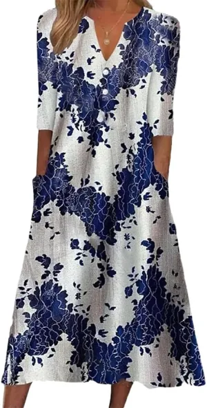 Womens Boho Floral Printed A Line Summer Dresses V Neck Half Sleeve Button Up Casual Midi Dress with Pockets