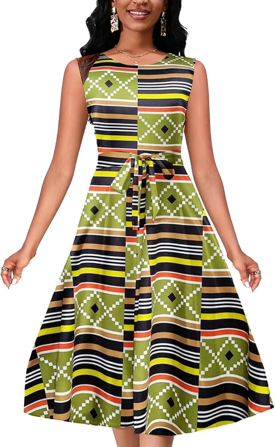 Women's Casual Floral Printed Sleeveless Dress for Women Round Neck Flowy Party Midi Dresses