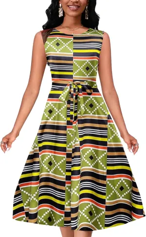 Women's Casual Floral Printed Sleeveless Dress for Women Round Neck Flowy Party Midi Dresses