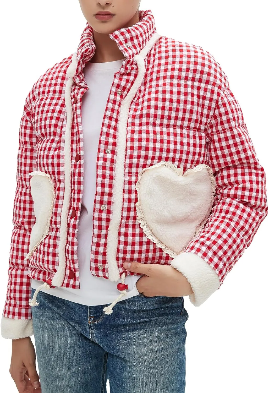 Womens Cropped Puffer Jacket Winter Gingham Plaid Button Down Long Sleeve Padded Coat with Heart Pockets