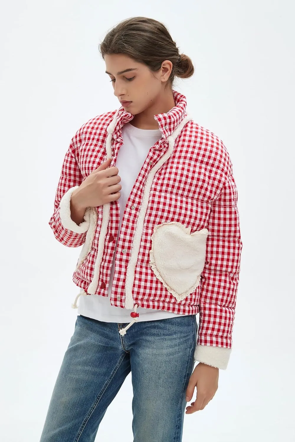 Womens Cropped Puffer Jacket Winter Gingham Plaid Button Down Long Sleeve Padded Coat with Heart Pockets