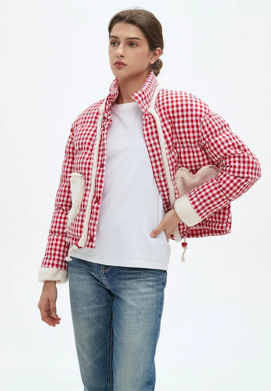 Womens Cropped Puffer Jacket Winter Gingham Plaid Button Down Long Sleeve Padded Coat with Heart Pockets