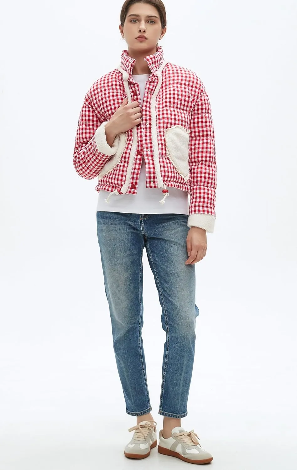 Womens Cropped Puffer Jacket Winter Gingham Plaid Button Down Long Sleeve Padded Coat with Heart Pockets