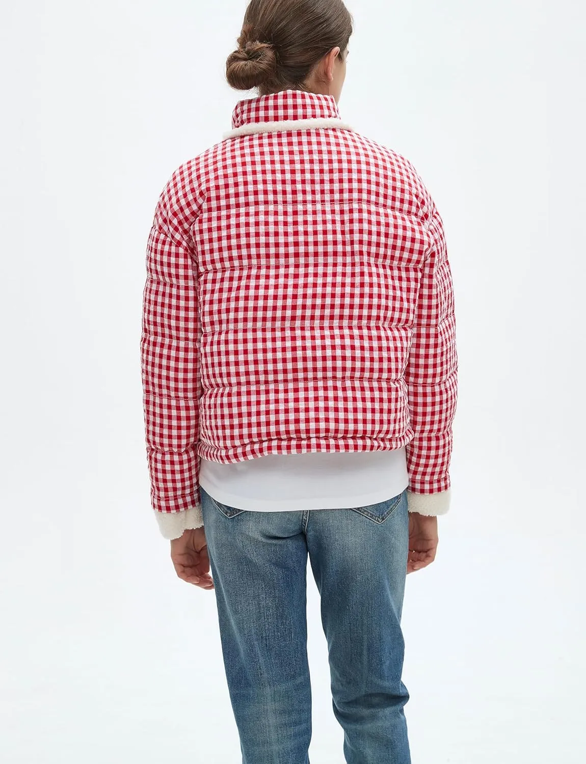 Womens Cropped Puffer Jacket Winter Gingham Plaid Button Down Long Sleeve Padded Coat with Heart Pockets