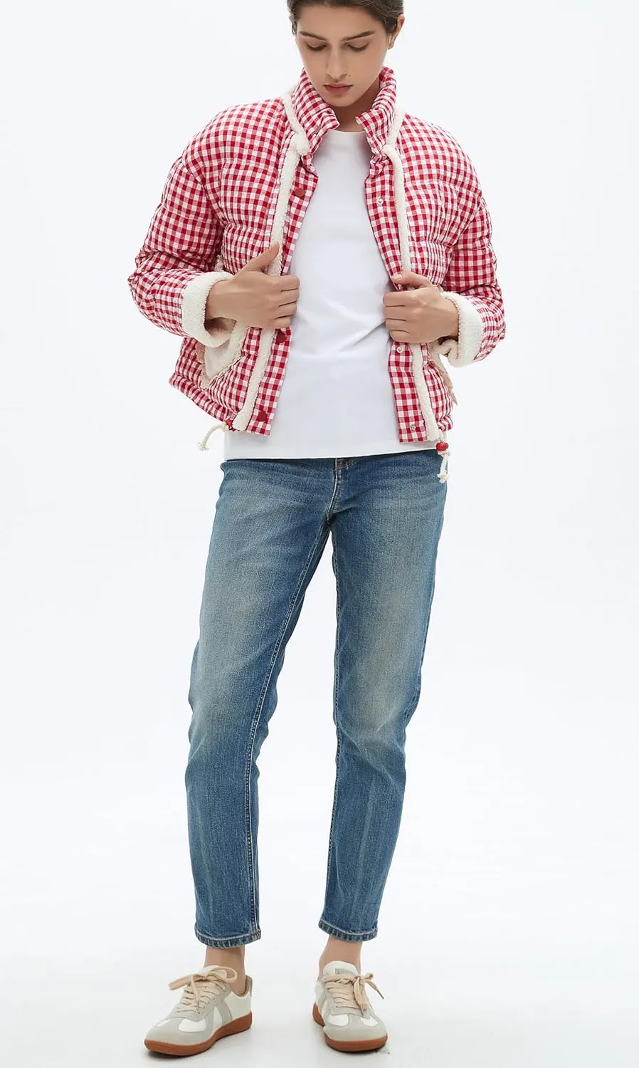 Womens Cropped Puffer Jacket Winter Gingham Plaid Button Down Long Sleeve Padded Coat with Heart Pockets