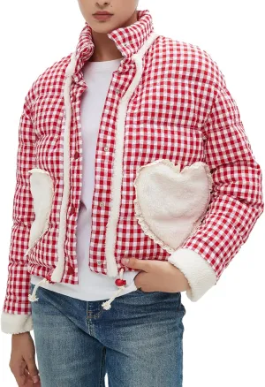 Womens Cropped Puffer Jacket Winter Gingham Plaid Button Down Long Sleeve Padded Coat with Heart Pockets