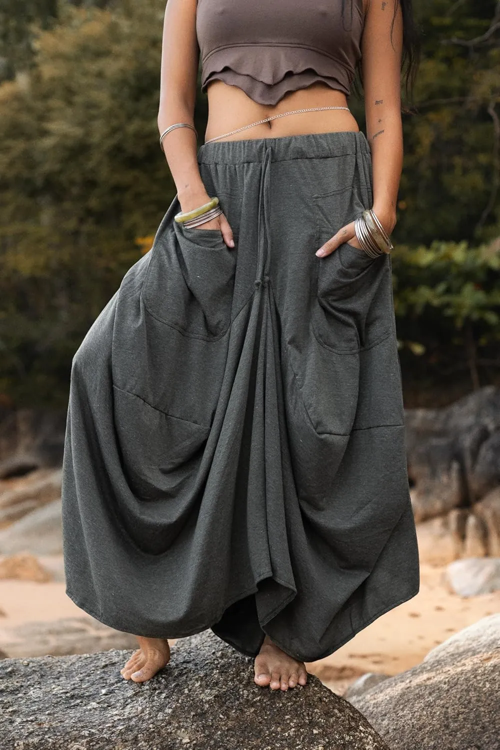Women's Maxi Skirt Bohemian with Pockets Gypsy Elastic High Waist Cotton
