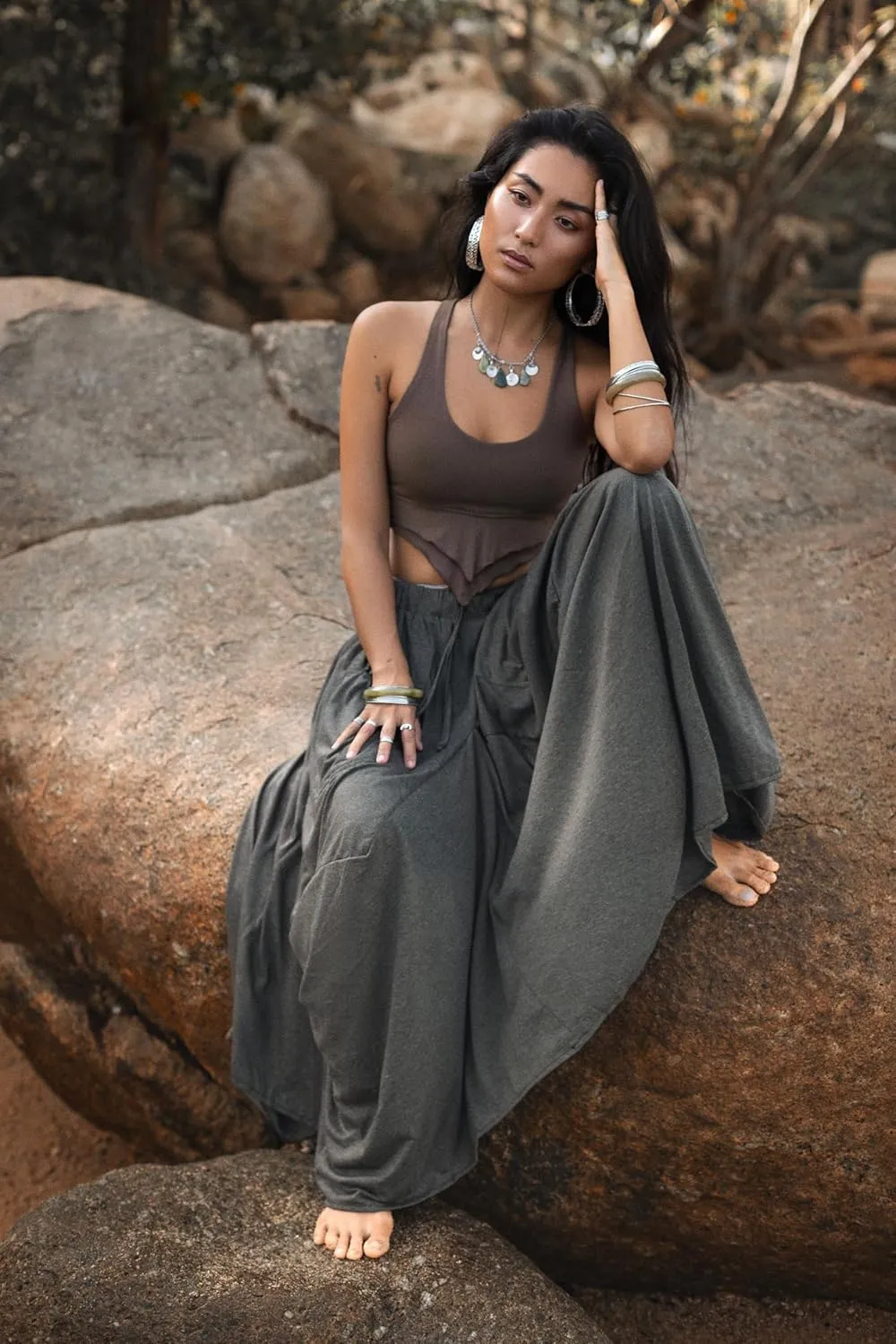 Women's Maxi Skirt Bohemian with Pockets Gypsy Elastic High Waist Cotton