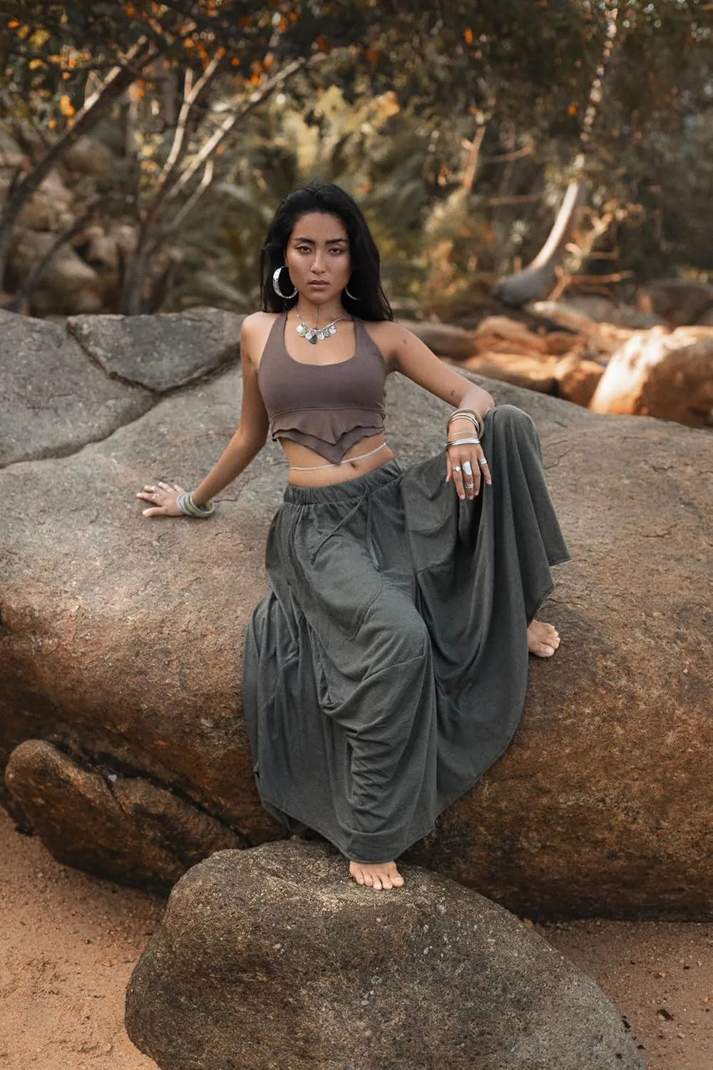 Women's Maxi Skirt Bohemian with Pockets Gypsy Elastic High Waist Cotton