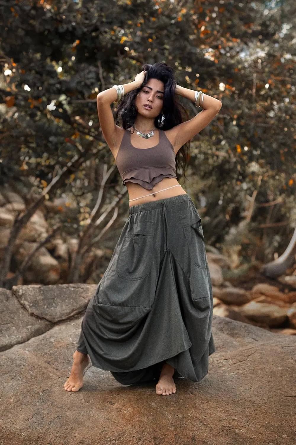 Women's Maxi Skirt Bohemian with Pockets Gypsy Elastic High Waist Cotton