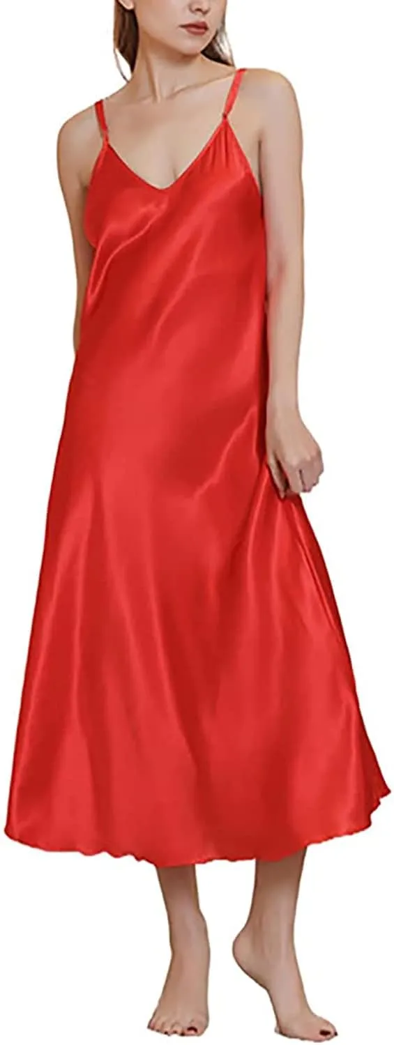 Womens Satin Nightgown Silk Slip Dress Sleepwear Sexy V Neck Negligee Lingerie Long Nightwear