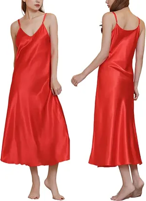 Womens Satin Nightgown Silk Slip Dress Sleepwear Sexy V Neck Negligee Lingerie Long Nightwear